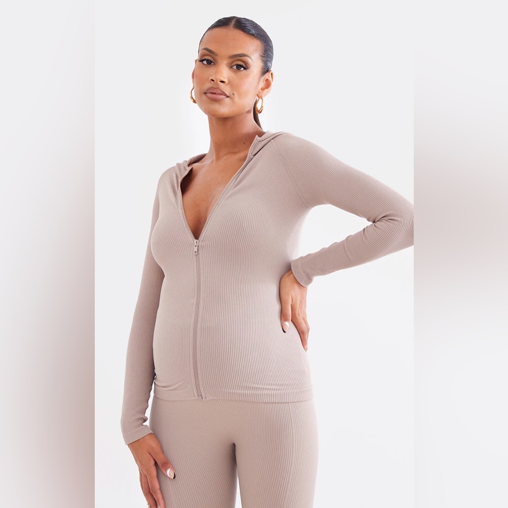 Maternity Stone Snatched Rib Hooded Sport Jacket and High Waisted Active Legging